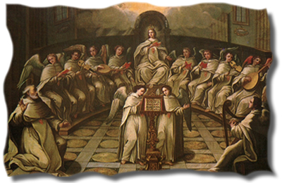 Escena de la Virgen rezando en el coro con los ángeles mientras los frailes duermen.